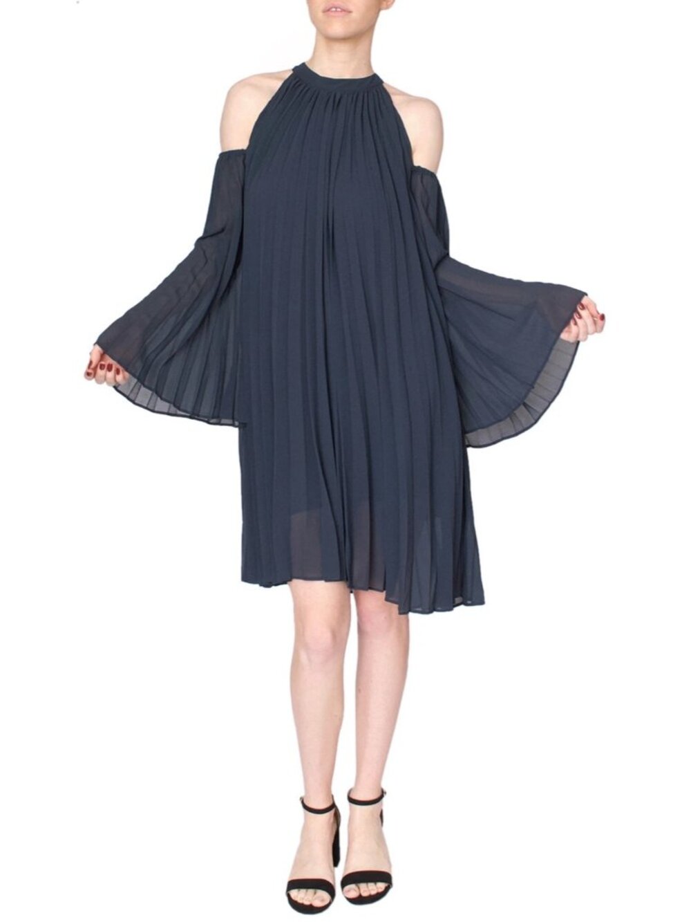 Jovonna Blue Pleated Dress with Open Shoulders
